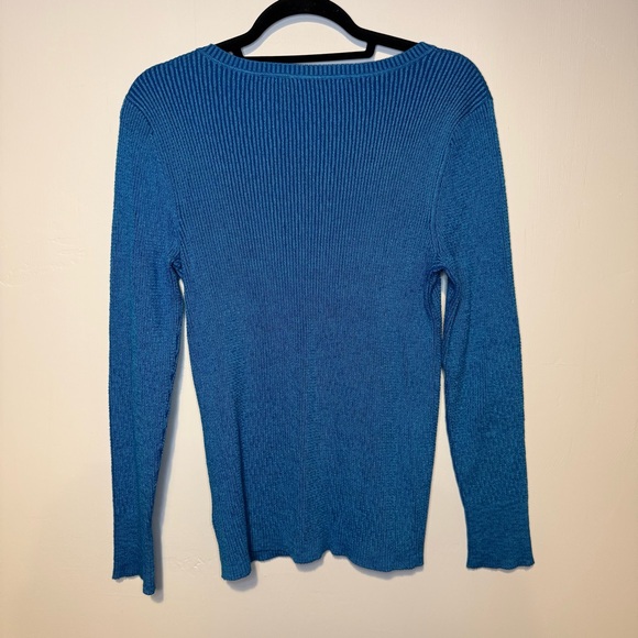 SOFT SURROUNDINGS Aqua Blue Ribbed Knit Sweater V Neck Lace Detailing Pullover S - Picture 4 of 5